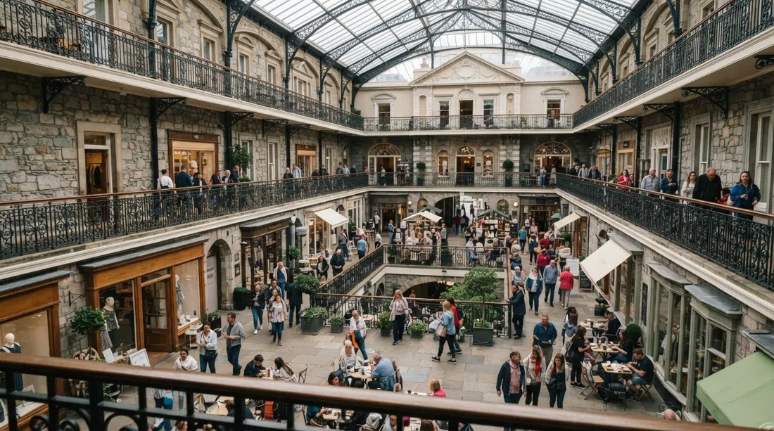 South William Street에 있는 Powerscourt Townhouse Centre 내부의 유리 지붕 안뜰, 아래로 쇼핑객들이 있고 위로 조지아 시대 석조 건축물이 보입니다