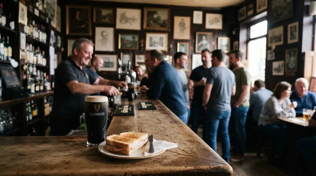 South William Street에 있는 Grogan's Castle Lounge, 벽에 액자 그림, 바 위에 스타우트 파인트와 햄앤치즈 토스티