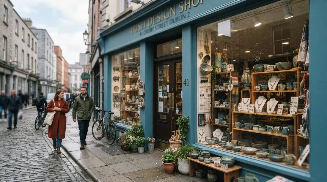 41 Drury Street에 있는 Irish Design Shop의 매장 전면, 아일랜드산 주얼리와 도자기가 진열장에 있고 좁은 거리 밖이 보입니다