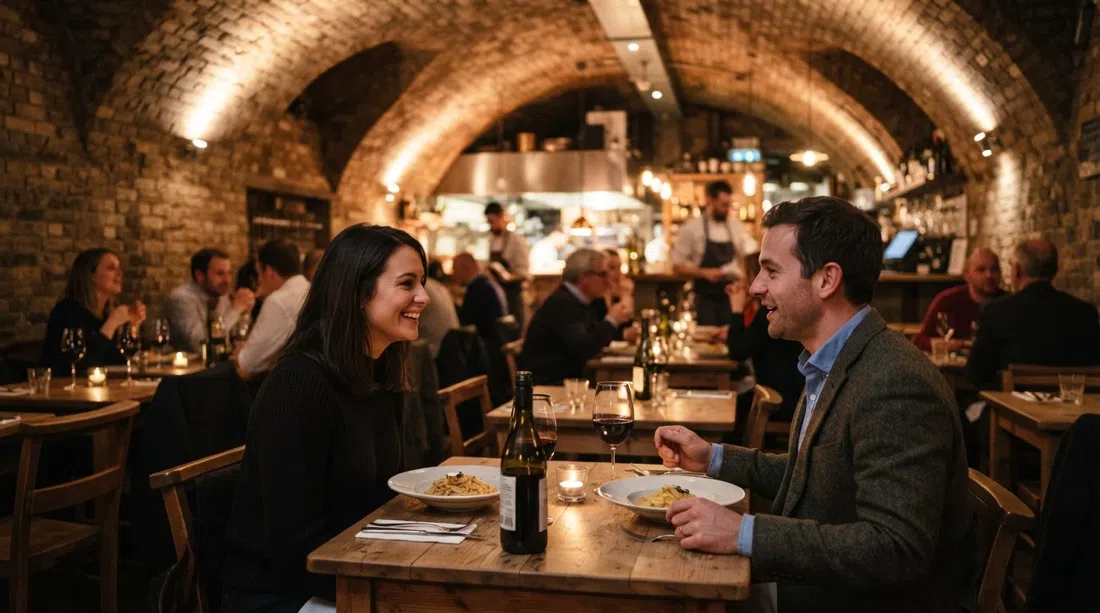 철도 아치 아래 복원된 Malting Tower의 Osteria Lucio, 따뜻한 저녁 빛이 벽돌 아치와 친밀한 다이닝 룸을 비춥니다