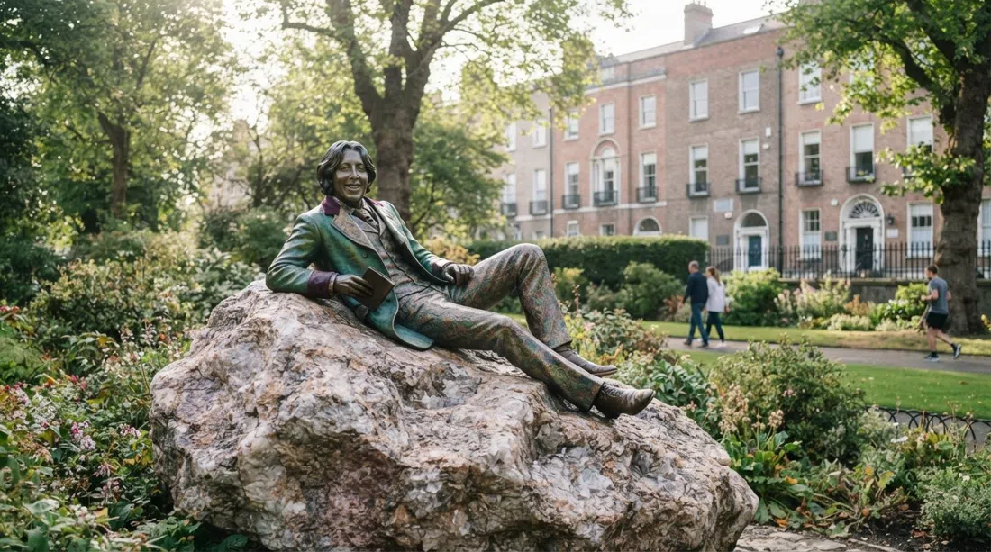 Oscar Wilde, lagernd auf dem Quarzfelsen am Merrion Square, mit georgianischen Reihenhäusern und dem grünen Rand des Platzes im sanften Morgenlicht