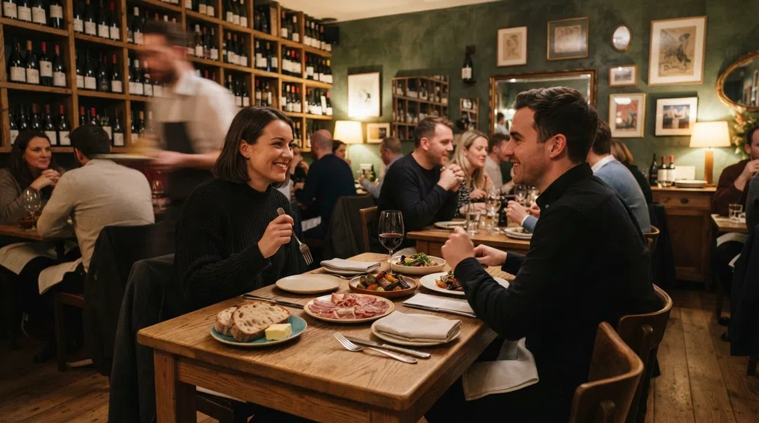 der kompakte Gastraum des Etto in der Merrion Row, Weinregale säumen die Wände und kleine täglich wechselnde Gerichte auf einem eng gedeckten Tisch