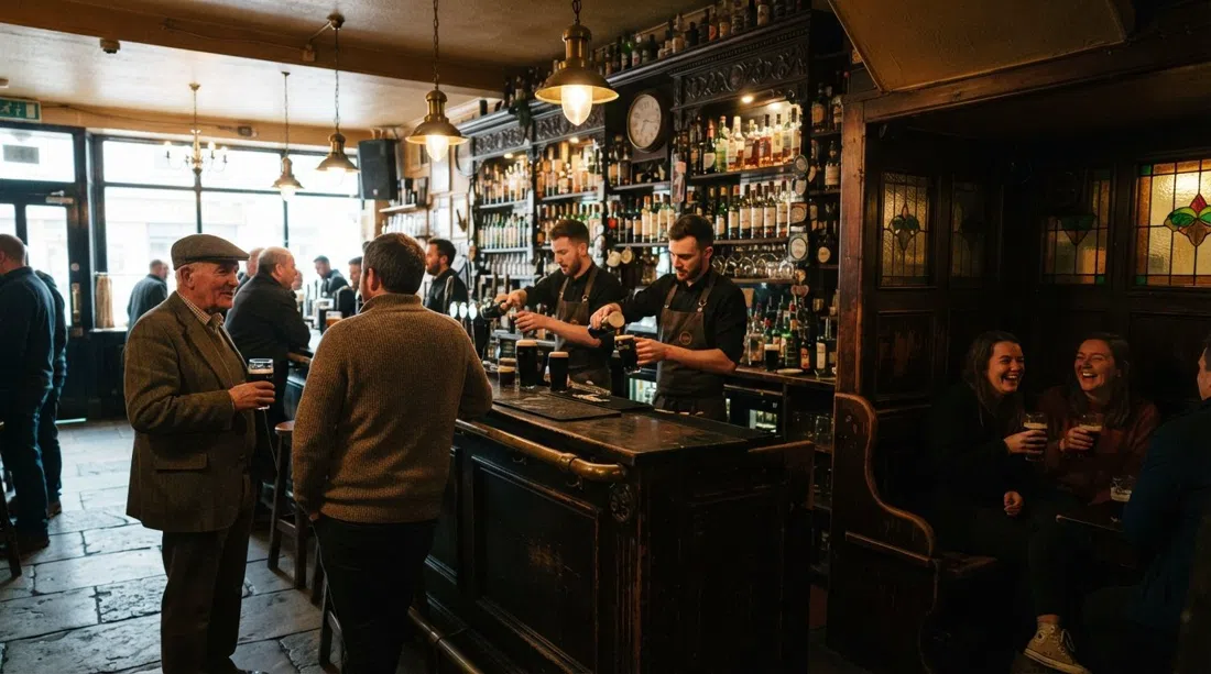 Toner’s in der Lower Baggot Street, mit der dunklen, steingefliesten Bar und dem Snug-Interieur in warmem, schwachem Licht und alter Holzvertäfelung