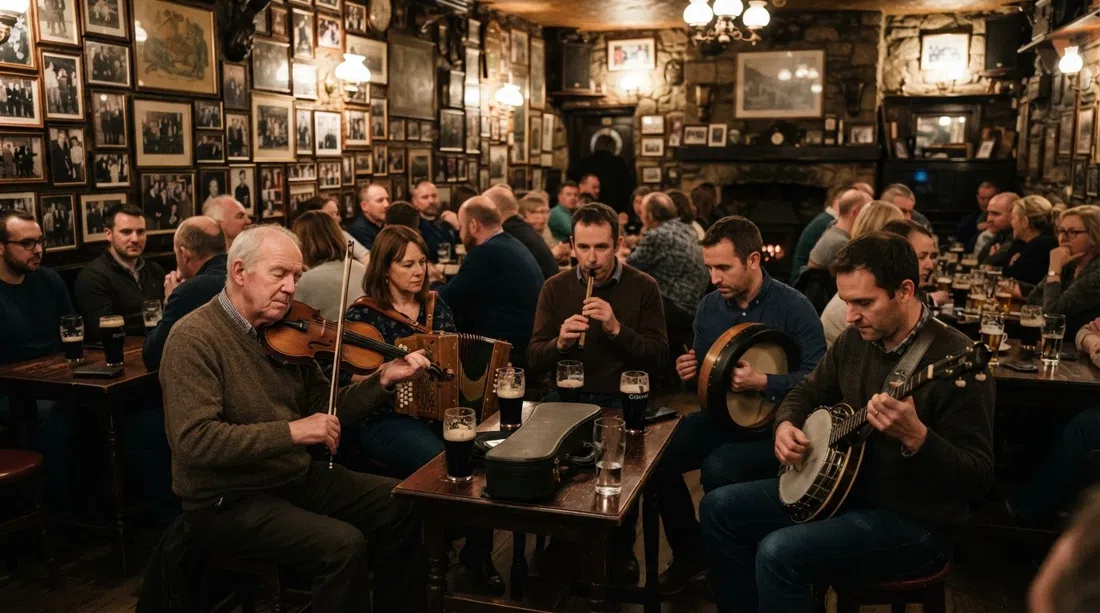 eine Live-Trad-Session bei O’Donoghue’s in der Merrion Row, Musiker versammeln sich unter fotobedeckten Wänden mit Pints auf den Tischen und warmem Abendlicht