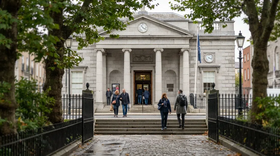 die National Gallery of Ireland am Merrion Square West, mit Besuchern, die unter einer hellen Fassade eintreten, und den Bäumen des Platzes im Vordergrund