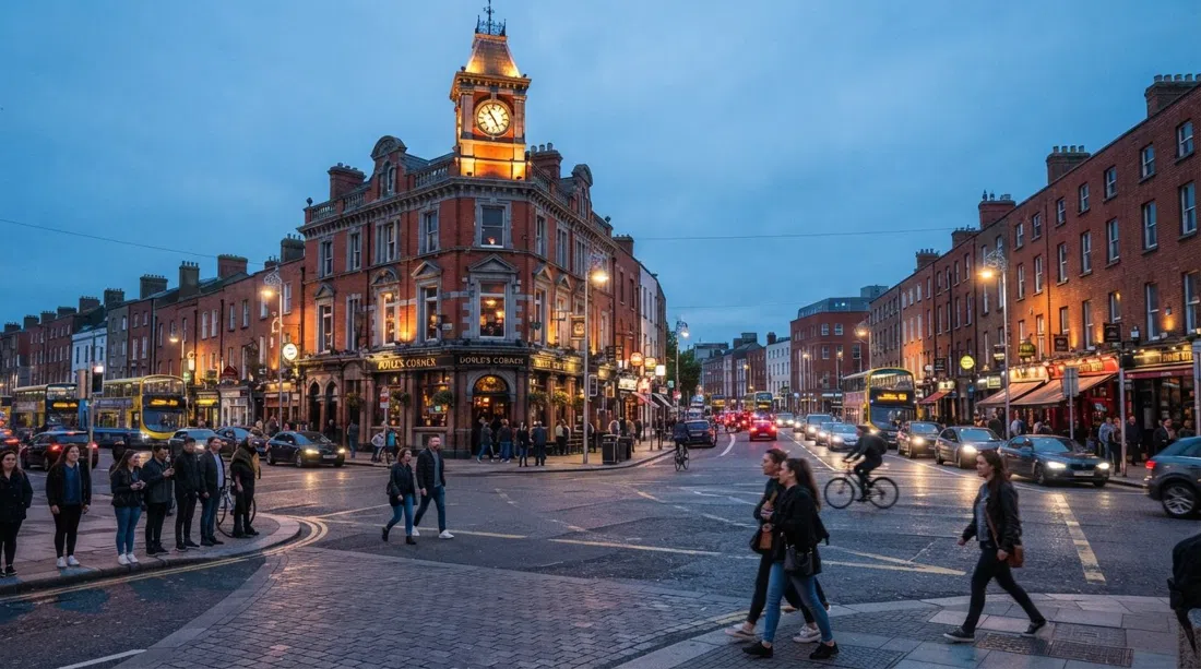 Doyle's Corner en Phibsborough al atardecer, el cruce de cinco vías con tráfico, fachadas de pubs iluminadas y terrazas de ladrillo rojo enmarcando el cruce