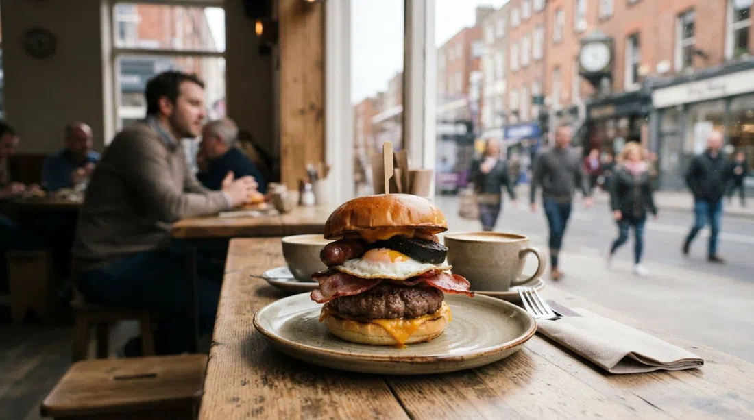 el Brunch Burger en Bang Bang sobre una mesa junto a la ventana, apilado con morcilla, salchicha, panceta y huevo, con tazas de café cerca