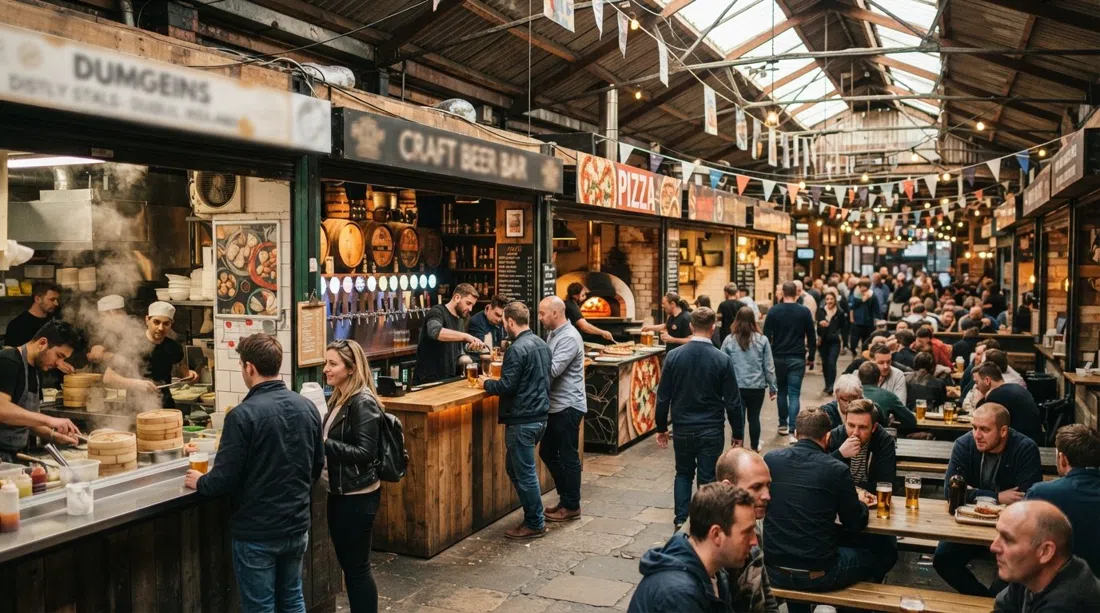 el interior de Eat Yard con puestos de dumplings y pizza, grifos de cerveza artesana y comensales bajo el techo del mercado cubierto