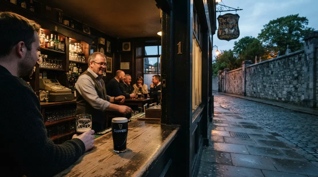 la fachada de The Gravediggers junto al muro del Cementerio de Glasnevin al atardecer, con una pinta de Guinness en la barra y el cartel del pub visible