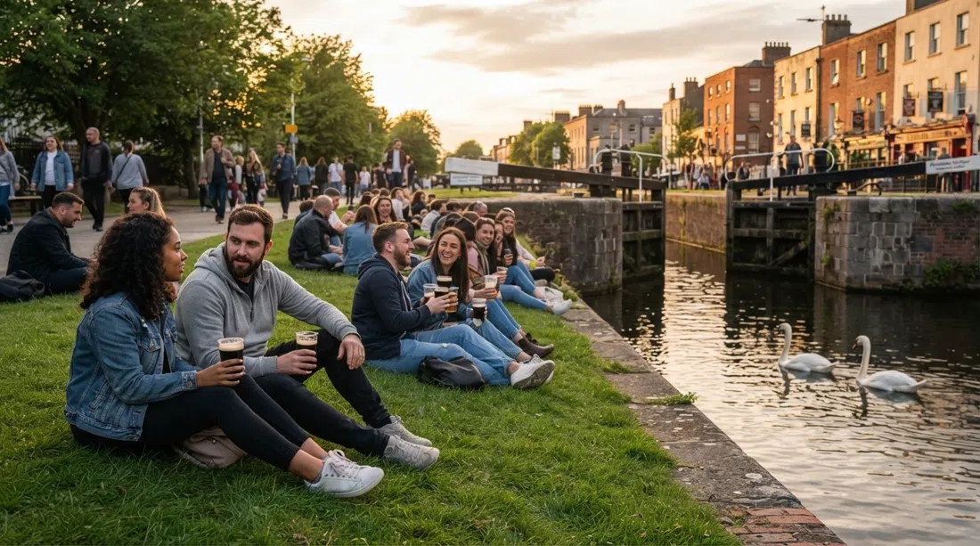 gente sentada en las orillas de césped del puerto de Portobello junto al Gran Canal a la hora dorada, con cervezas para llevar en mano, cisnes deslizándose junto a la esclusa bajo la suave luz del atardecer