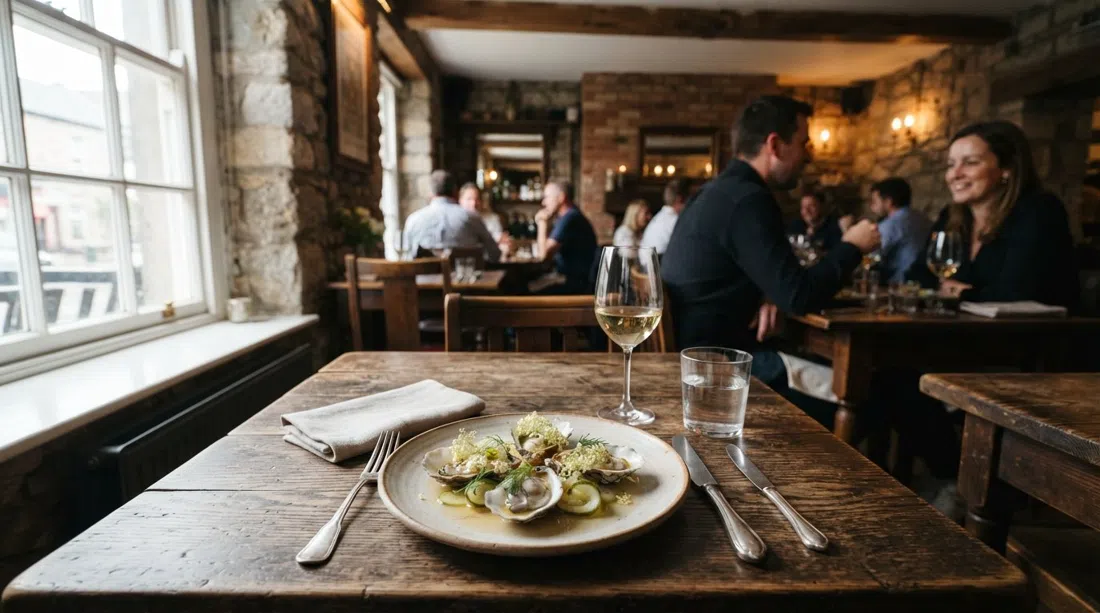 el comedor de Bastible en Leonard's Corner, con una mesa moderna y discreta y un plato de temporada de ostras escalfadas con saúco bajo una luz de restaurante nítida