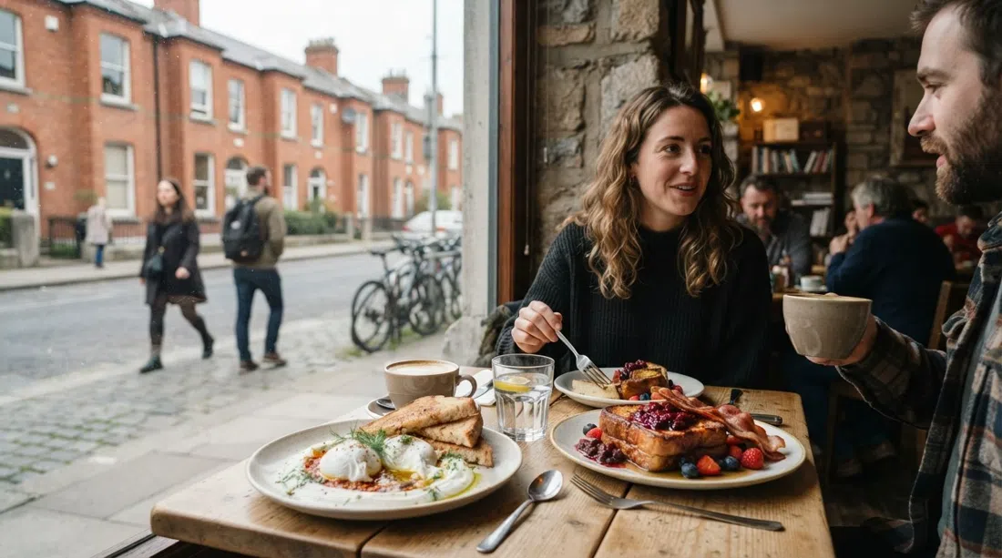 una mesa de brunch en Bibi's Café en Emorville Avenue con huevos turcos y tostadas francesas gruesas, la estrecha calle residencial visible a través de la ventana detrás de la cola