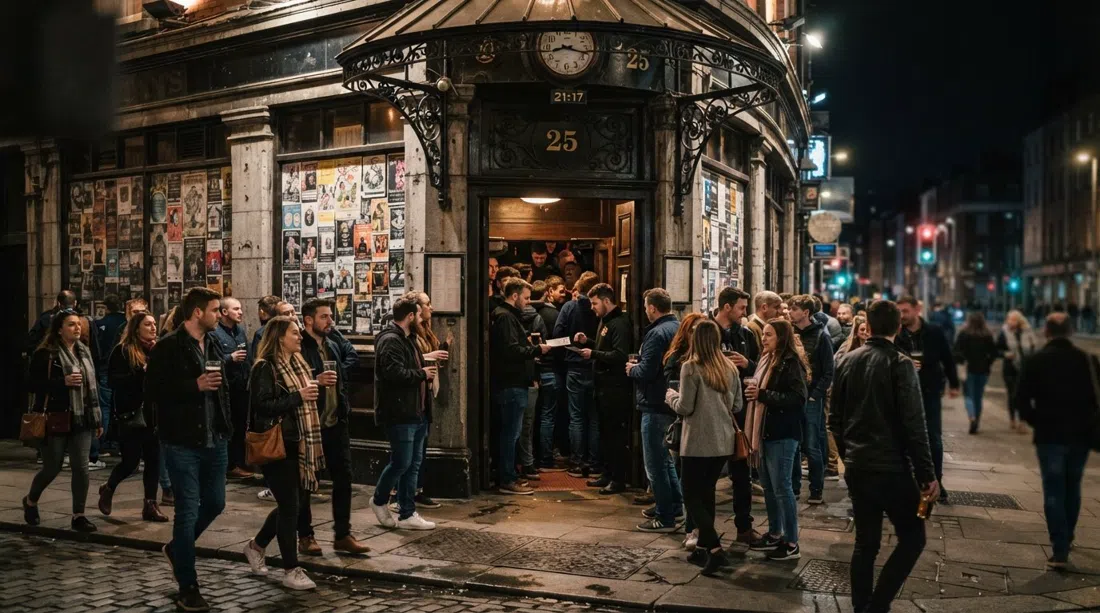 el exterior y la entrada concurrida de Whelan's en Wexford Street de noche, carteles de conciertos en las ventanas y gente reunida antes de un concierto con capacidad para 400 personas