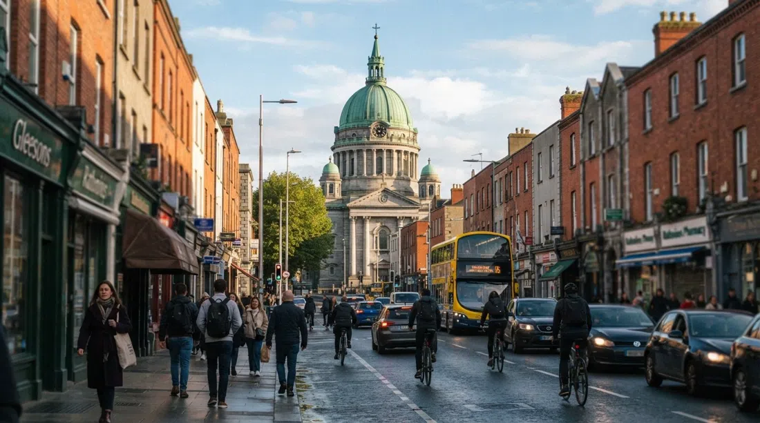 La cúpula verde de cobre de la Iglesia de Mary Immaculate elevándose sobre Lower Rathmines Road, con escaparates de ladrillo rojo y tráfico abajo en la luz del atardecer