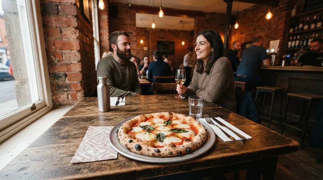 Una pizza margherita de Reggie’s Pizzeria en una mesa dentro del edificio catalogado de ladrillo rojo, con corteza de masa madre ampollada e iluminación cálida del restaurante