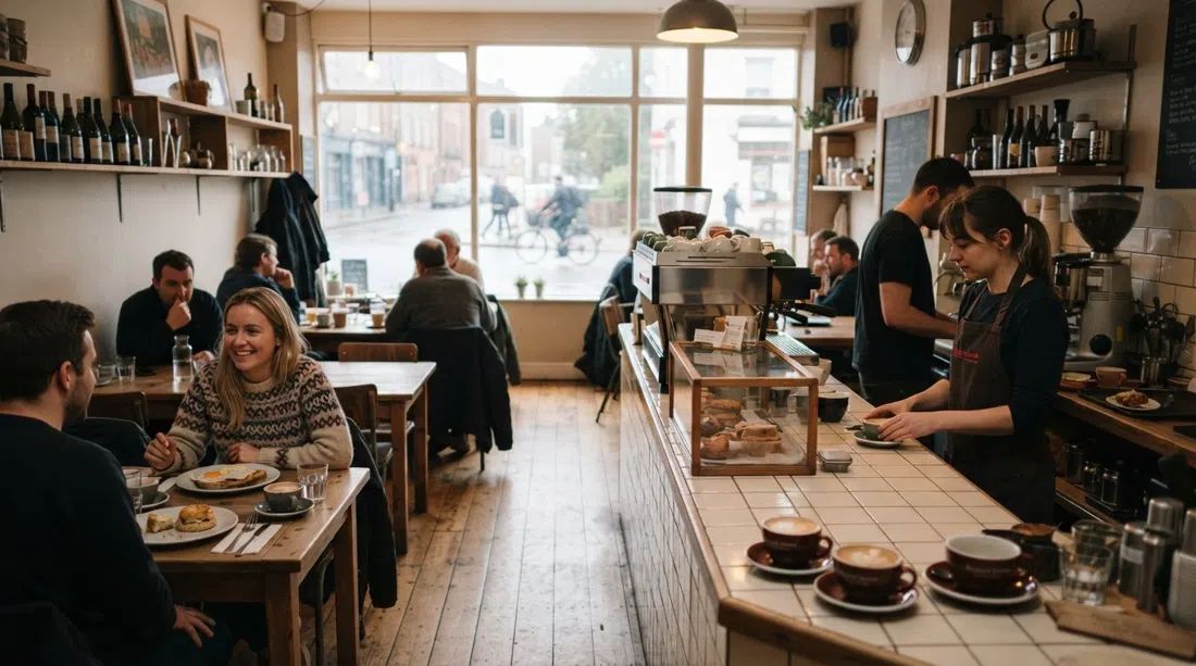 La barra y el comedor de Grove Road Cafe, con tazas de café Roasted Brown, platos de desayuno y luz matutina en Lower Rathmines Road
