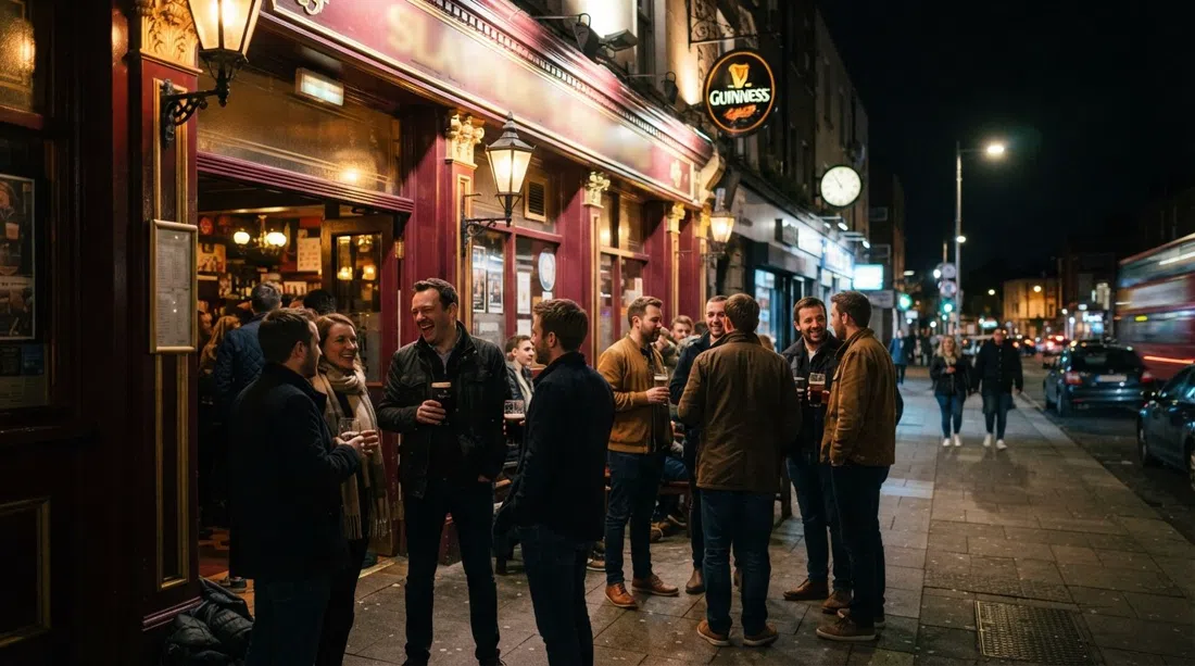 La fachada granate y dorada de Slattery’s en Lower Rathmines Road de noche, con luz cálida, un letrero de Guinness y gente reunida afuera