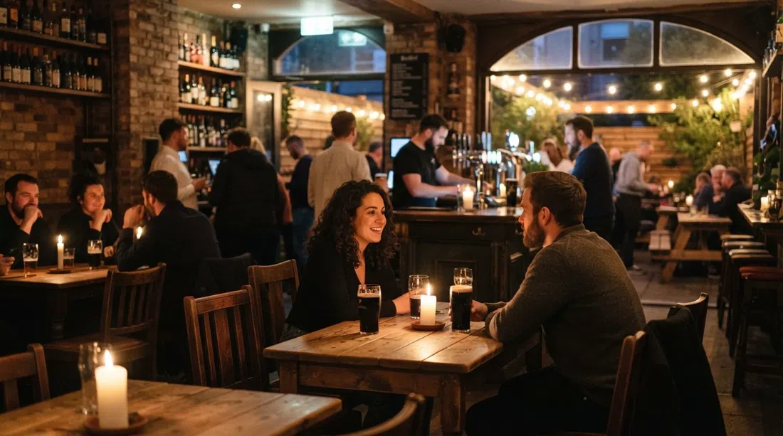 Mesas iluminadas con velas y el interior del bar de cerveza artesanal en Blackbird, con el patio con calefacción visible a través de las ventanas traseras