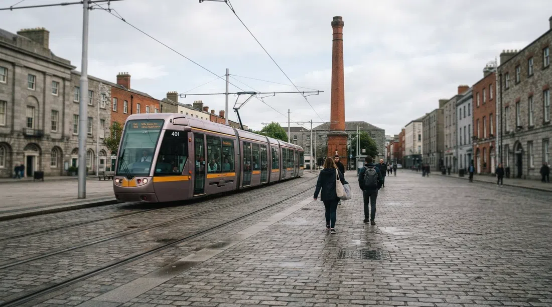 Adoquines de granito de Smithfield Square con la chimenea de Jameson al fondo detrás de la línea del LUAS bajo la luz gris de la tarde