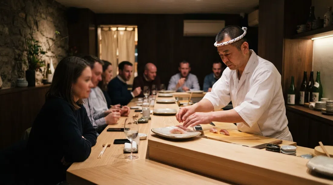 El íntimo mostrador de omakase de Matsukawa en Queen Street, bar de sushi minimalista con un chef preparando piezas Edomae
