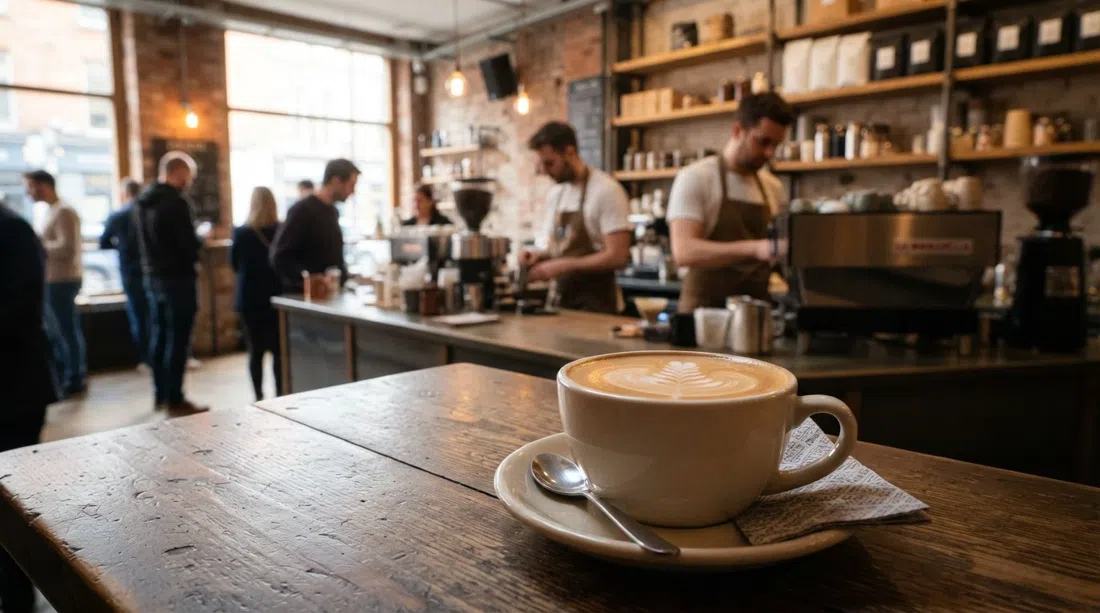 Un flat white en Proper Order Coffee Co. en Haymarket, crema brillante bajo la luz suave de la mañana con el mostrador de la cafetería al fondo