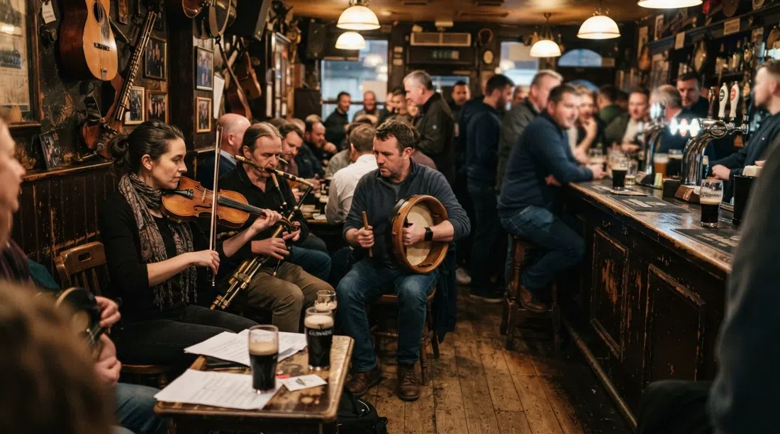 La barra delantera de The Cobblestone en North King Street, una animada sesión de música tradicional con violines, bodhrán y pintas de Guinness bajo una luz cálida y tenue