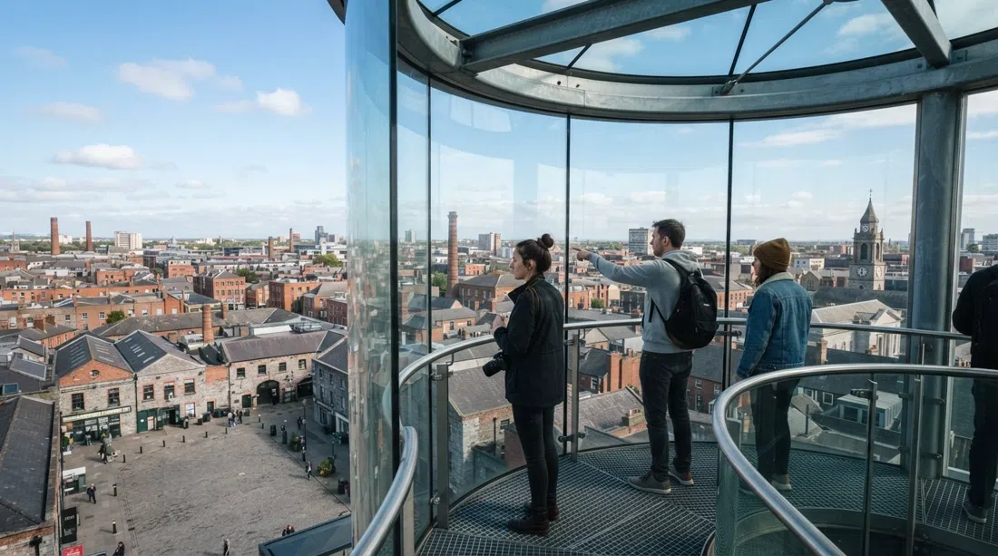 La plataforma de observación de vidrio Skyview Tower de la Chimenea de Smithfield sobre la plaza, con tejados de Dublín y el cielo al fondo a plena luz del día