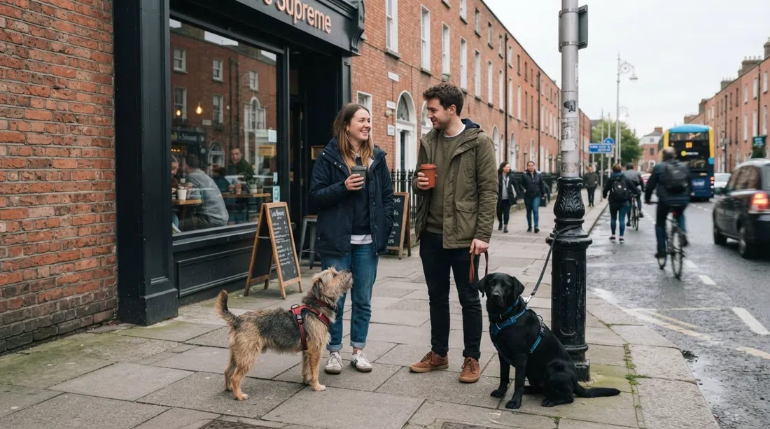 Manor Street en Stoneybatter a la hora punta de la mañana, cafés para llevar y perros fuera de Love Supreme con terrazas de ladrillo rojo al fondo