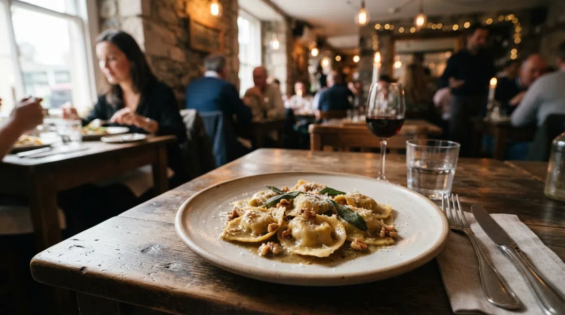 primer plano de cappellacci di zucca en Grano, pasta fresca en un plato sencillo con luz suave del restaurante