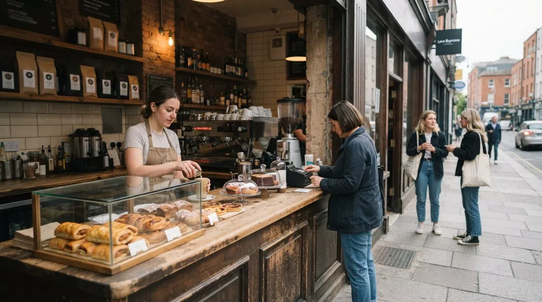 mostrador de Love Supreme en Manor Street, café Roasted Brown, rollos de salchicha y pasteles con clientes esperando fuera