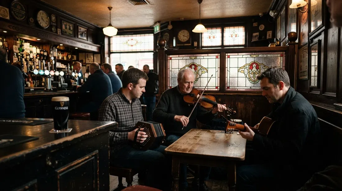 el reservado de Walsh's en Stoneybatter, madera oscura y vidrieras con una Guinness en la barra y una sesión tradicional empezando