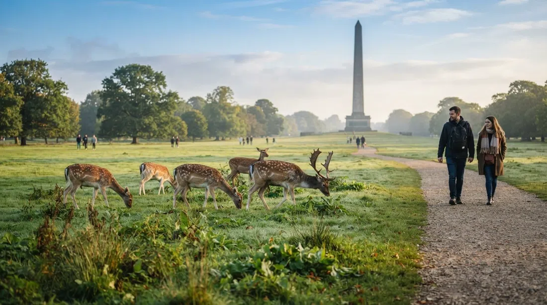 gamos en Phoenix Park cerca de Stoneybatter con luz suave de mañana, amplio espacio verde con el Monumento a Wellington al fondo