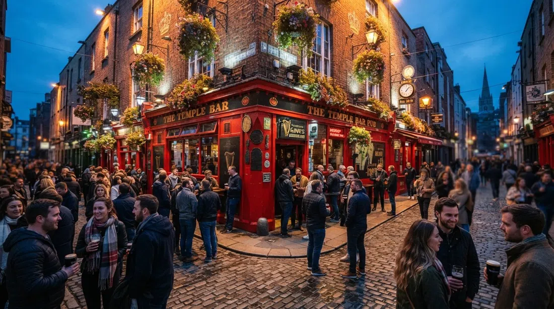 la fachada roja de la esquina de The Temple Bar Pub en Temple Bar y Temple Lane, con jardineras bajo las ventanas y multitudes reunidas sobre los adoquines al atardecer
