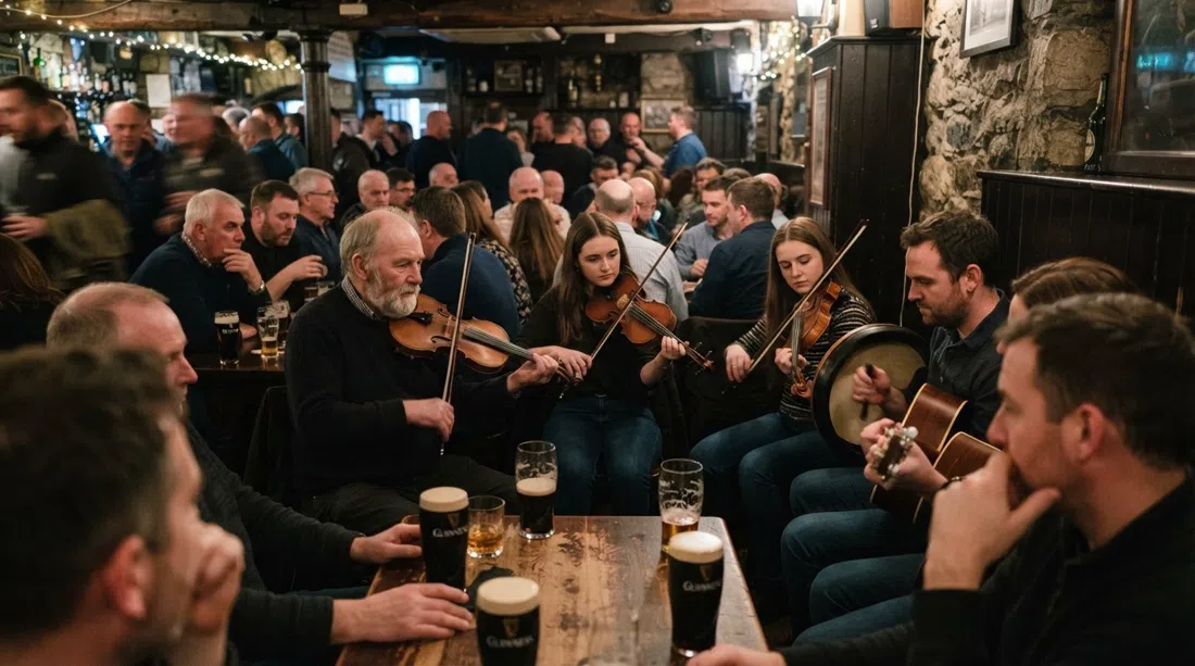 una animada sesión de música tradicional dentro de The Old Storehouse en Crown Alley, violines y un bodhrán bajo una luz cálida y tenue con pintas sobre las mesas