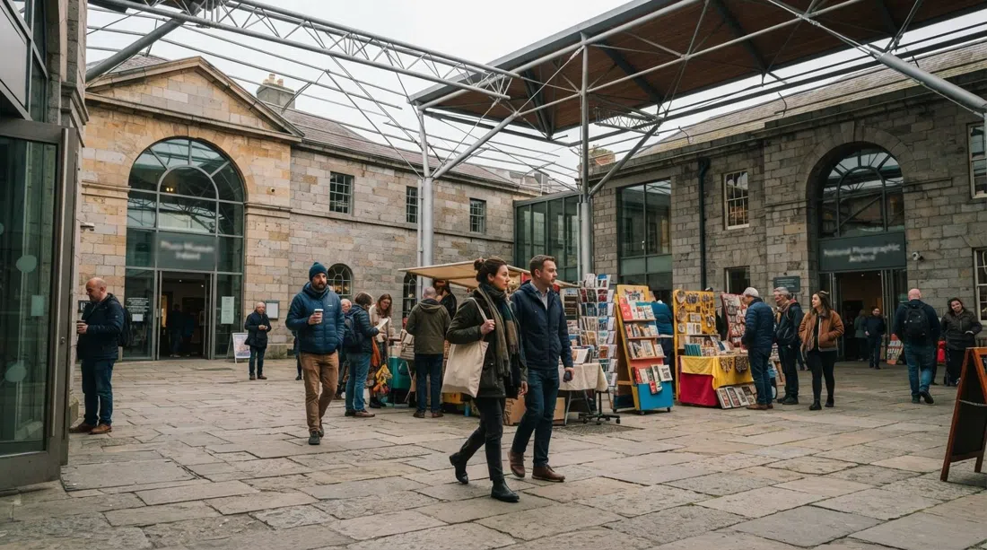 el patio de piedra cubierto de Meeting House Square con luz suave, con Photo Museum Ireland y el National Photographic Archive enmarcando la plaza