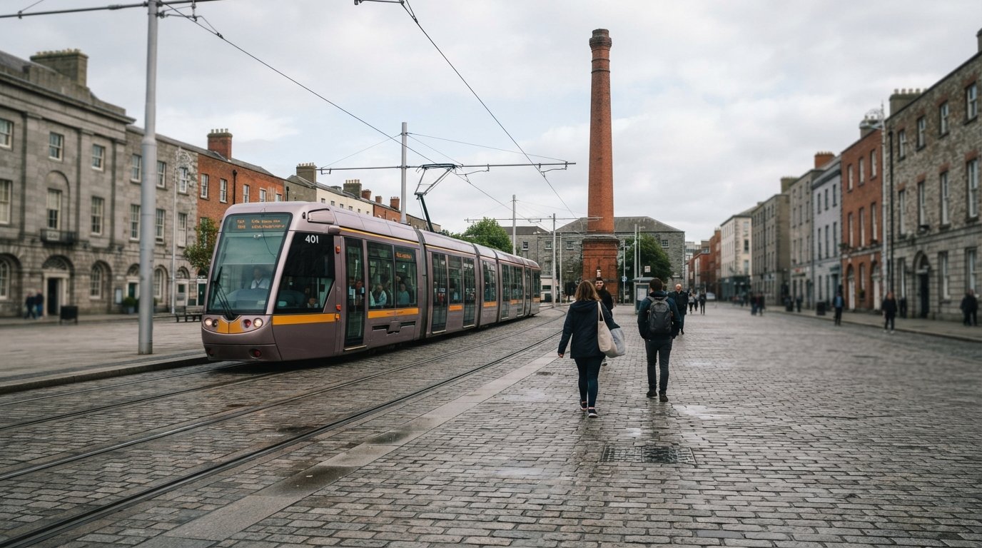 Smithfield Square’s granite cobbles with the Jameson chimney rising behind the LUAS line at grey afternoon light