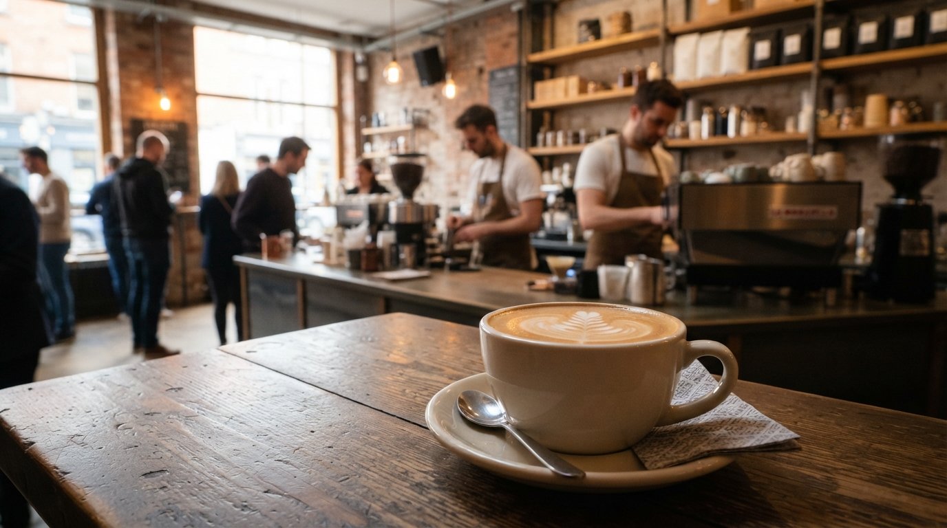 a flat white at Proper Order Coffee Co. on Haymarket, crema glossy under soft morning light with the café counter in the background