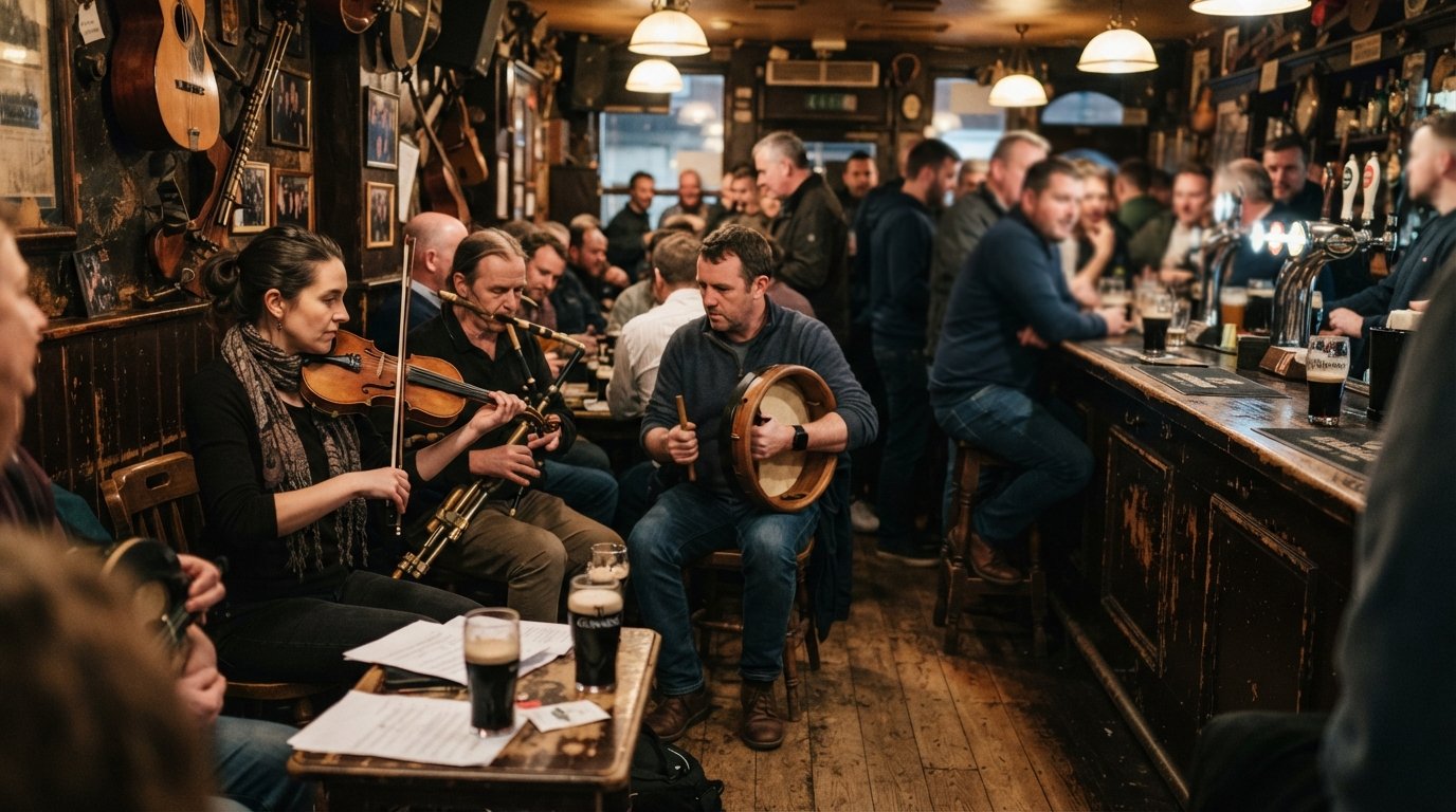 The Cobblestone’s front bar on North King Street, a crowded trad session with fiddles, bodhrán and pints of Guinness under warm low light