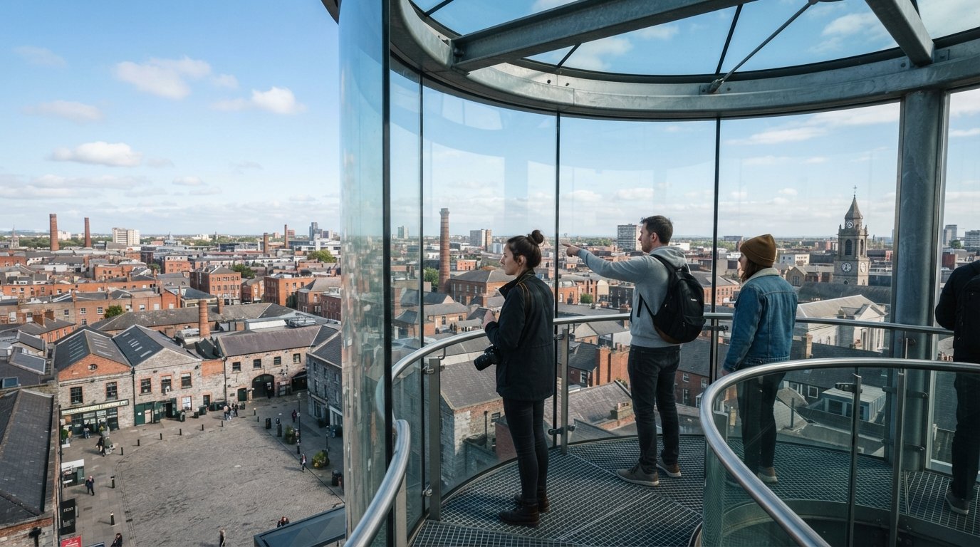 the Smithfield Chimney Skyview Tower glass observation platform above the square, with Dublin rooftops and the sky beyond at clear daylight