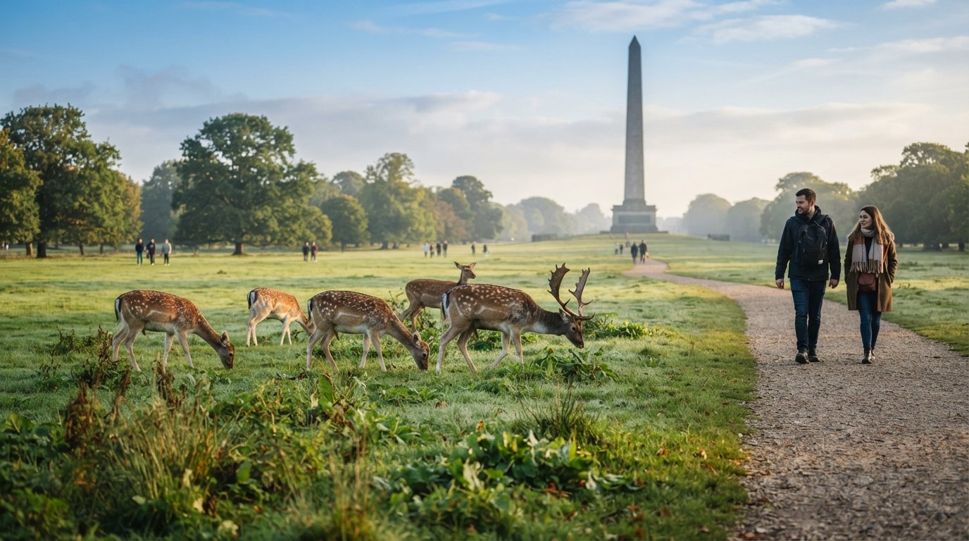 fallow deer in Phoenix Park near Stoneybatter at soft morning light, wide green space with the Wellington Monument in the distance