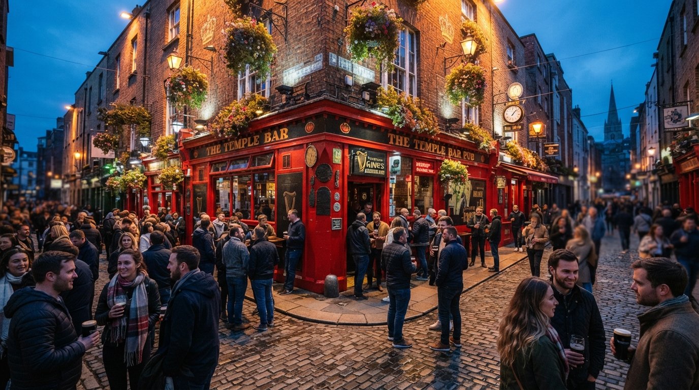 the bright-red corner frontage of The Temple Bar Pub on Temple Bar and Temple Lane, flower boxes under the windows and crowds gathered on the cobbles at dusk