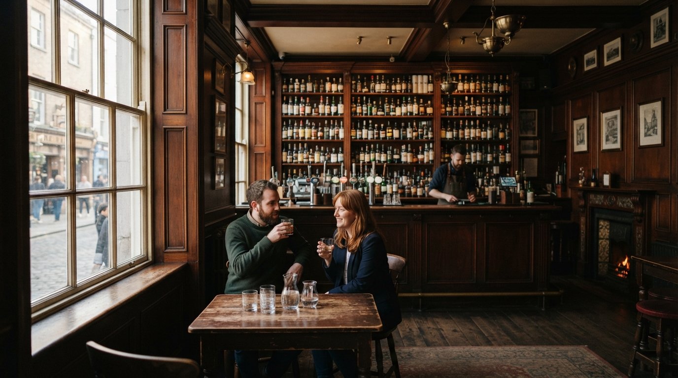 the upstairs Whiskey Palace room in The Palace Bar on Fleet Street, warm wood panelling, shelves of bottles and a quiet late-afternoon glow
