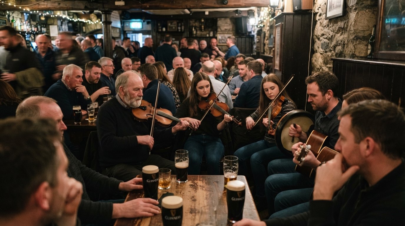 a packed trad session inside The Old Storehouse on Crown Alley, fiddles and a bodhrán under warm low light with pints on the tables