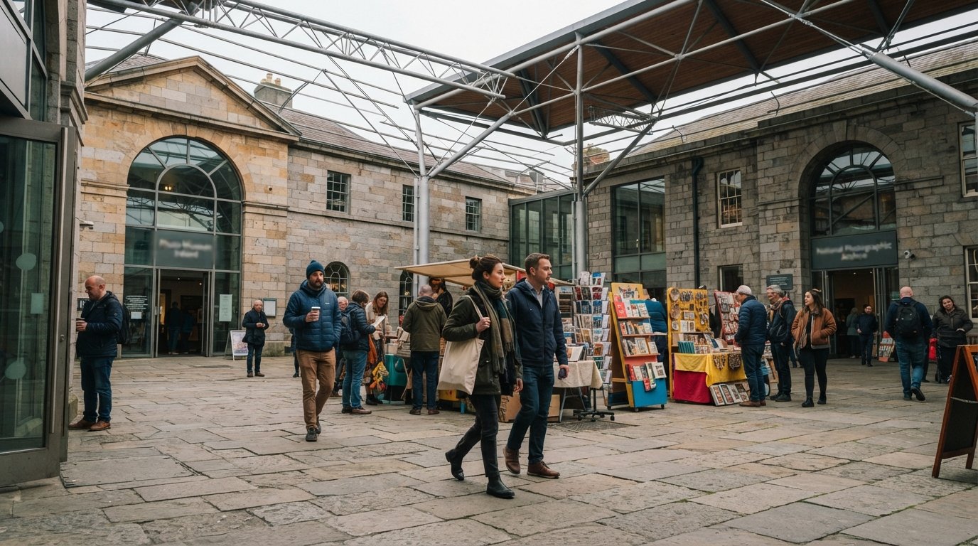 the covered stone courtyard of Meeting House Square in soft daylight, with Photo Museum Ireland and the National Photographic Archive framing the square